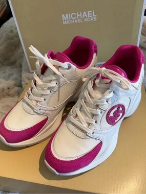 Michael Kors White and Wild Berry Lace-Up Platform Sneakers